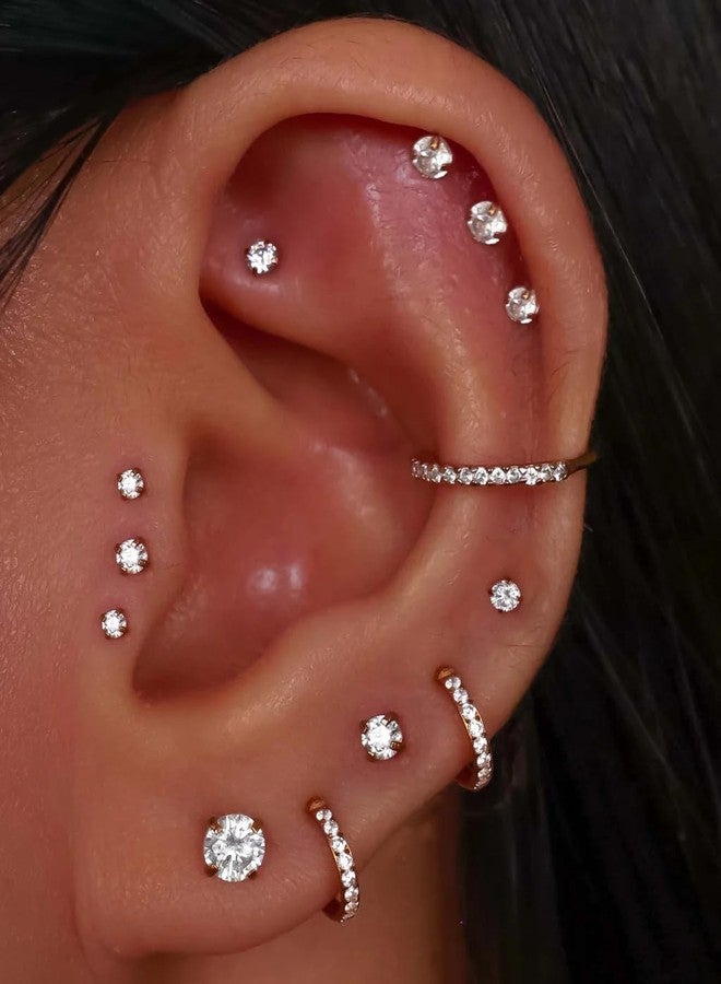 DJCIW 7PCS 20G Gold Threadless Nose Studs and Flatback Cartilage Earrings Set-Hypoallergenic 316L Steel Push-In White CZ Studs with Insertion Taper for Labret Tragus Helix Conch Piercings 6/8/10mm - Image 3